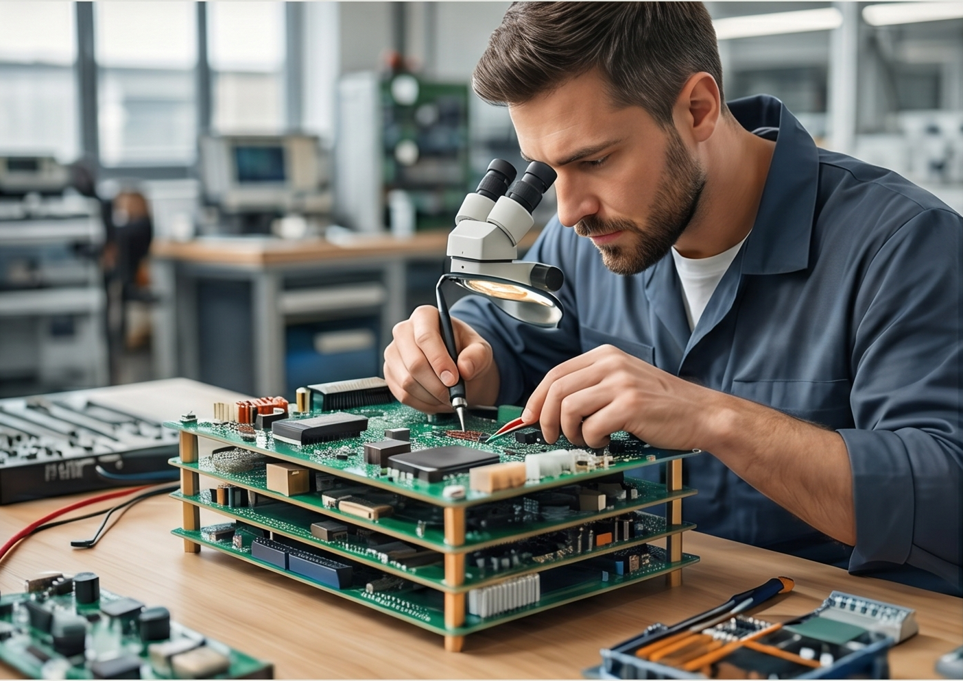 Técnico trabalhando em placa eletrônica